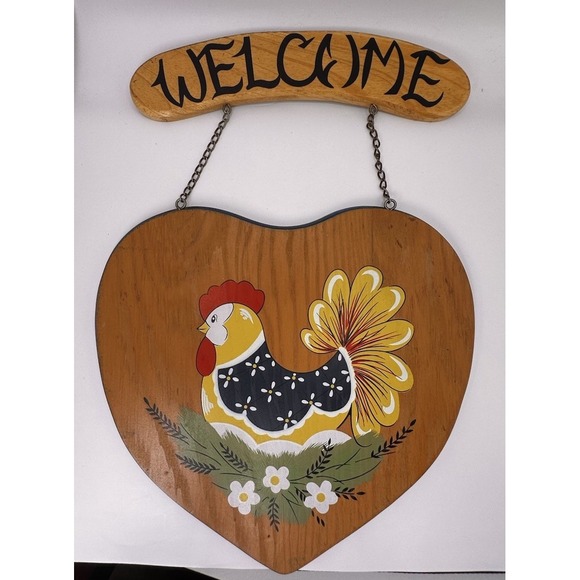 Vintage Wood Hanging Heart Sign Farmhouse Country Rustic Hand Painted Chicken - Picture 1 of 9
